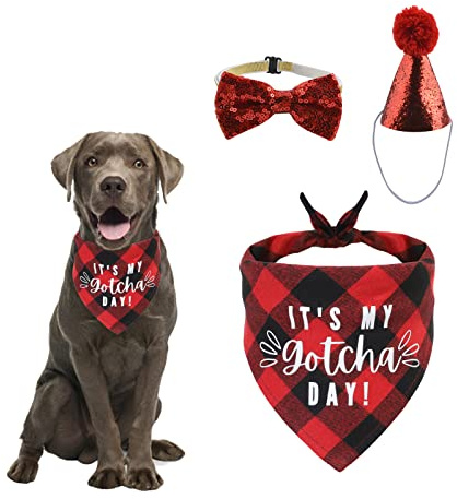 HACRAHO Hunde-Geburtstagstuch, Bandana, Hut, Fliege, Set, 3-teilig, faltbar, My Gotcha Day, kariert, Hunde-Bandana, Hunde-Geburtstagsparty-Hut mit niedlicher Hundefliege, Halsband für Hunde, Katzen,