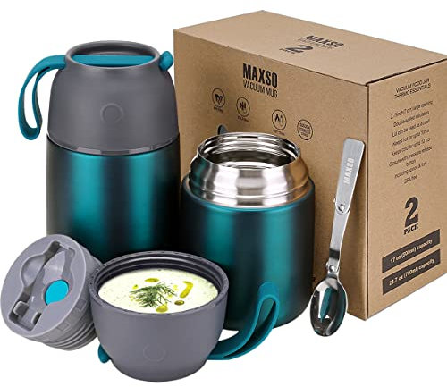 Thermobehälter für Essen 500ml & 700ml Edelstahl Warmhaltebebehälter mit faltbaren Löffel, Speißen, Babynahrung, Suppe, Brei, Joghurt, Thermo Speisgefäß Unterwegs, 2 Isolierbehälter im Set, Grün