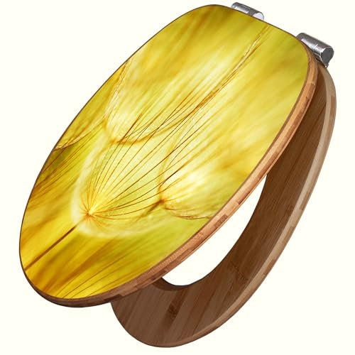 banjado Design WC Sitz Bambus Absenkautomatik 45,8x37,5cm / Toilettendeckel mit Absenkautomatik Holz/hochwertiger Bambus Klodeckel/WC-Sitz für gängigen Toiletten/Motiv Pusteblumen Gold