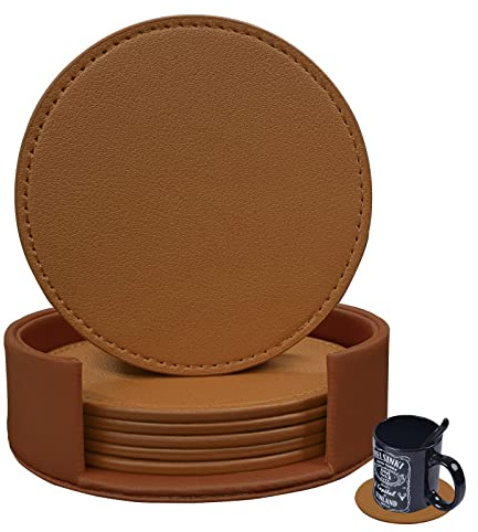 RICHSUM Coasters Set of 6 Soft Leather Drink Coaster Round Coaster with Sewing Around, Suitable for Various Cups, Wooden Tables,Home Decoration,4 Inches (Brown)