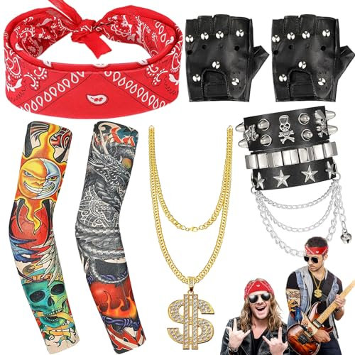 Benaton 6 Stück Punk Gotik Rocker Kit, Punker Rockstar Accessoires Herren, Rocker 80er 90er Jahre Outfit, Disco Kostüm Herren Party, Punk Kostüm mit Tattoo Ärmel, Bandana, Handschuhe Sonnenbrille