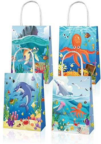 12 Pcs unter dem Meer Party Favors Taschen, Ozean Sea Life Party behandeln Bgs, blaue Goodie Candy Bags mit Griffen, Ozean Themed Geschenke Tasche für Geburtstag Baby Dusche