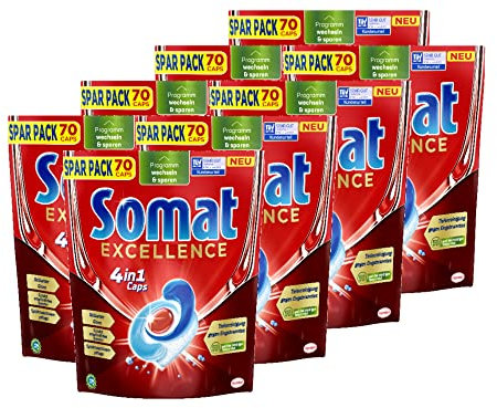 Somat Excellence 4in1 Caps (8x70 Caps), schnellauflösende Spülmaschinentabs, Somat Caps für exzellente Reinigung & Glanz sogar im Eco-Programm & bei niedrigen Temperaturen