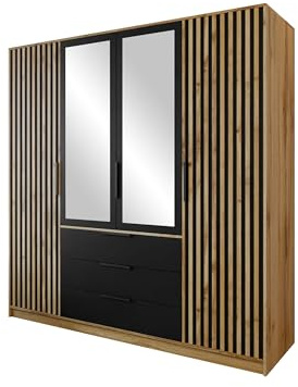 Mirjan24 Drehtürenschrank Bado Lux 4D, Kleiderschrank mit Spiegel und 3 Schubladen, Elegantes Schlafzimmer Schrank mit Spiegeltüren, Jugendzimmer (Eiche Wotan/Schwarz + Eiche Wotan)