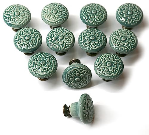 Auped 12er-Set Vintage Möbelknöpfe (34mm) - Retro Blumendesign in Grün - Für Küchenschränke, Schubladen & Kommoden - Inkl. Montagematerial‌(Grün)