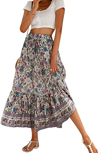 Women Casual Boho Long Skirt Vintage Floral Print Bohemian Style Half Dress Elastic Waist Flowy Swing Midi Skirt Summer Spring (Creamy White, S)