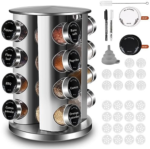 FNLLC Rundes Gewürzregal Mit 16 Gewürzgläser Rund,360° Drehbarer Edelstahl Gewürzkarussell,Gewürz Organizer,Gewürzständer Stehend,Gewürzdosen Mit Streueinsatz,Gewürzglas