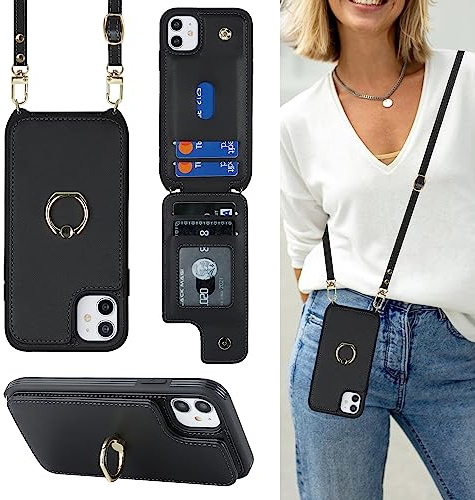 CAVOR HandyHülle kompatibel mit iPhone 11 Hülle Mit Band,Flip Leder Geldbörse Karten Hülle,[4 Kartenfach][Mit Ring Ständer],Klapphülle Handytasche - Schwarz