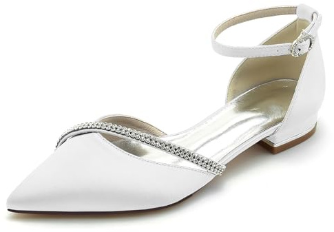 Hanfike JY283 Chaussures de mariée élégantes à talons plats pour filles et femmes avec sangle de cheville et bout pointu pour le soir avec strass, blanc, 39 EU