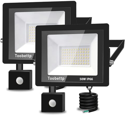 Proyector LED de 50 W con sensor de movimiento exterior, súper brillante, 6500 K, 5000 lm, blanco frío, impermeable IP66, para jardín, patio, 2 piezas
