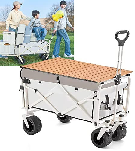 Offener, zusammenklappbarer Gartenwagen mit Tisch, zusammenklappbarer Kleiner Einkaufswagen für den Außenbereich, 551 Pfund Tragkraft (weiß)