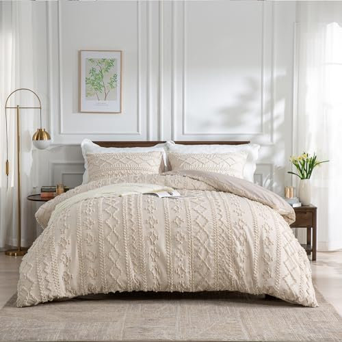 DXHOME Ropa de cama de 135 x 200 cm, color beige, crema, bohemio, bordado liso, estilo bohemio, geométrico, suave, microfibra, funda nórdica con cremallera + 1 funda de almohada de 80 x 80 cm