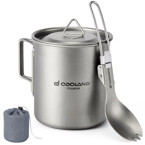 Odoland Titanium Pot 420ml Ultralight Portable Titanium Water Mug, Camping Cup with Lid and Spork for Camping, Hiking, Traveling and Backpacking