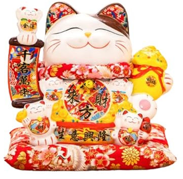 Chanceux Chat Figurine en Céramique,Décoration de Chat Chanceux,Chat de Richesse Mignon pour saluer et Apporter Richesse,Feng Shui DéCoration,pour la décoration d'affichage à la Maison