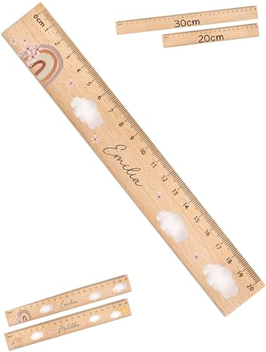 Bärenfreunde® - Personalisiertes Holz-Lineal 20 cm / 30 cm mit Spezial-Druck - für Schule und Zuhause - Lineal personalisiert Schulanfang - Einschulung Geschenk (30 cm, Regenbogen Blumen)