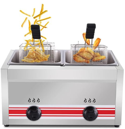 YLANMEI Friteuse à Gaz Professionnelle 20L/30L, Friteuse à Chips De Poulet en Acier Inoxydable pour Cuisine De Restaurant Commercial à Domicile,Doublecylinder10l+10l