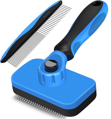 2PCS Self Cleaning Slicker Brush & Dog Comb - Skin Friendly Deshedding Grooming Tool for Dogs, Cats and Small Animals, Professional Deshedding Dematting Tool for Long and Short Haired Pets (Blue)