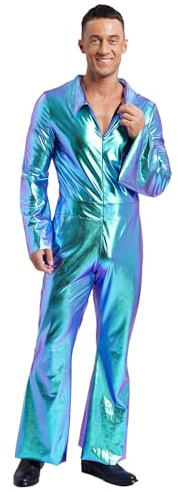 Miutii Herren Metallic Jumpsuit Overall Glänzend Ganzkörperanzug mit Ausgestellte Hose 70er 80er Jahre Disco Outfit Festival Tanz Party Clubwear Blau 3XL