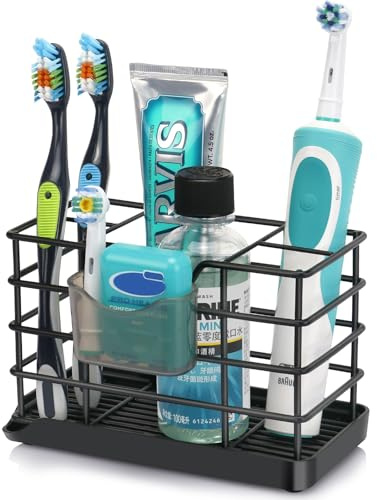 CHONLY Stainless Steel Toothbrush Holder, Detachable Drain Tray Electric Toothbrush Holder, Large Space Toothbrush Holders for Bathroom, Black Bathroom Organizers, 5 Slots Bathroom Counter Organizer