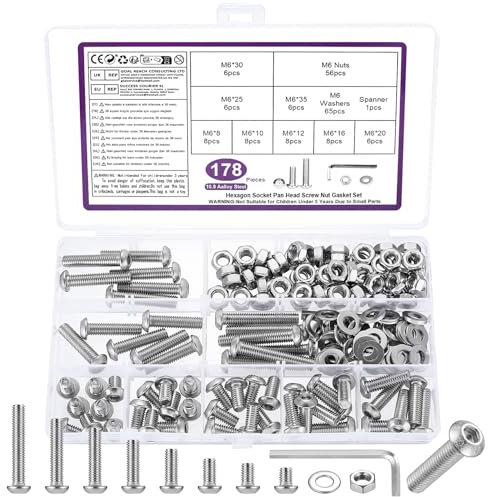 178 Pcs M6 Bolts and Nuts Set, M6 Nuts and Bolts Set, Round Head Hexagon Socket Screws and Washers, Silvery Hex Socket Button Head Cap Machine Screws Kit