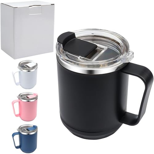 Roellgs Tasse à café de 460 ml, tasse à café et thé en acier inoxydable à double paroi isotherme avec poignée antidérapante, couvercle coulissant et grand volume (noir)