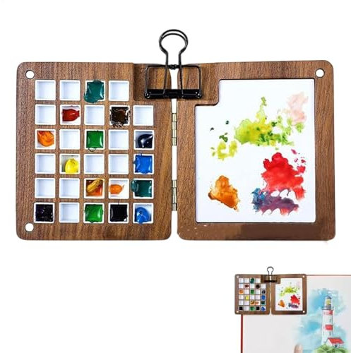 Aquarell-Palettenbox, schwarze Walnusspalette, 29 Fächer, tragbare Holzpalette, faltbare magnetische Palette, magnetischer Farb-Organizer, Reise-Aquarell-Palette