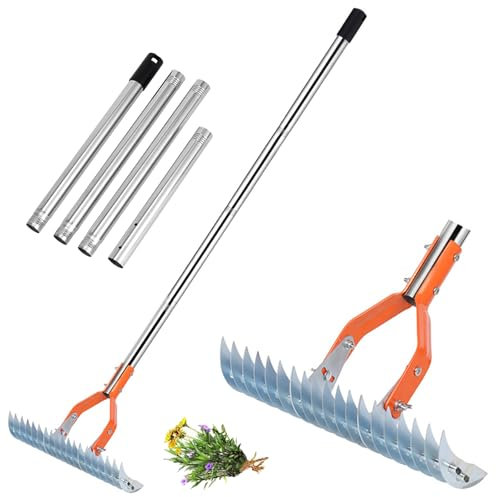 Rake de Paja, Rastrillo de Jardín de 162 Cm/63.8 Pulgadas, Ajuste de Ángulo Múltiple, Conexión Espiral para Longitud Ajustable, Fijación de Tornillo Doble, Varilla de Acero Inoxidable Engrosado