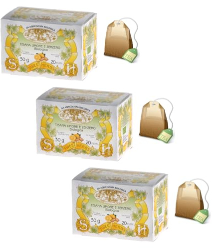 Sweet Herbs® | Tisana Limone Zenzero e Tè Verde | Infuso Biologico Digestivo Limone, Zenzero, Tè Verde - 3 x 20 Filtri in Singole Bustine