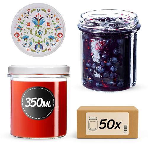 KADAX Lot de 50 bocaux en Verre 350ml Ø82 à Pois Rouges – Couvercle Twist-Off hermétique TO82 – pour confitures, conserves, cornichons, Miel & Fermentation