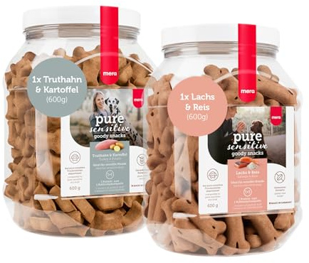 MERA Pure Sensitive Lachs & Reis + Truthahn & Kartoffel je 600g Snack | Getreidefreie Hundeleckerli mit hochwertiger Rezeptur - ideal für sensible Hunde, als Trainingsleckerli & Belohnung geeigent