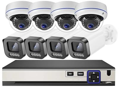 Kit di telecamere IP 4K con rilevamento del Volto for Esterni, Telecamera a Cupola, Telecamera Bullet, Audio, rilevamento del Movimento, Poe NVR, Sistema di Sicurezza CCTV(None,10CH NVR x8 Cameras)