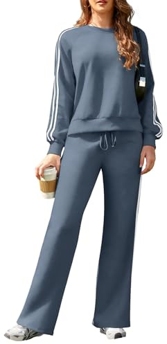 SHEKINI Survêtement pour femme - Ensemble complet de vêtements d'automne - Rayures contrastées - Décontracté - Col rond - Pantalon de jogging à jambe large - Deux pièces - Avec poches, Bleu grisâtre