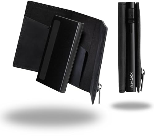 SLIMJACK 2-in-1 Wallet mit Münzfach - Magnetisches RFID Kartenetui & Geldbörse - Abnehmbares Slim-Wallet aus Aluminium - RFID-Schutz Portmonee - Smart Wallet für Karten & Münzen (Schwarz)