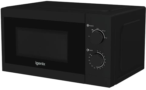 Igenix 20L 800W Black Manual Microwave – 5 Power Levels, Defrost Setting, 35-Min Timer, Push Button Door, 255mm Turntable – IGMS08080B
