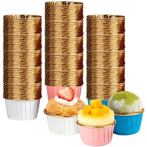 150 stycken cupcake-formar, pappersmuffinsformar gjorda av aluminiumfolie, pappersmuffinsform för cupcake, efterrättbakning, födelsedag, bröllopsfest – vit/rosa/blåguld