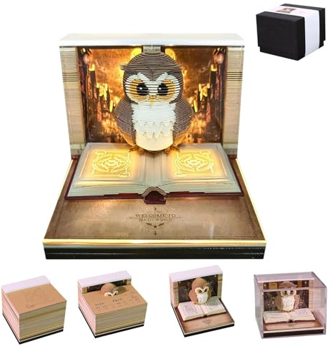 3D Calendar 2026, Desk Time Piece Calendar 2026,Tear-Away 3D Paper Art Notepad w LED Lights,DIY Paper Carving 3d Notepad Gift for Christmas, New Year, Valentine (owl)