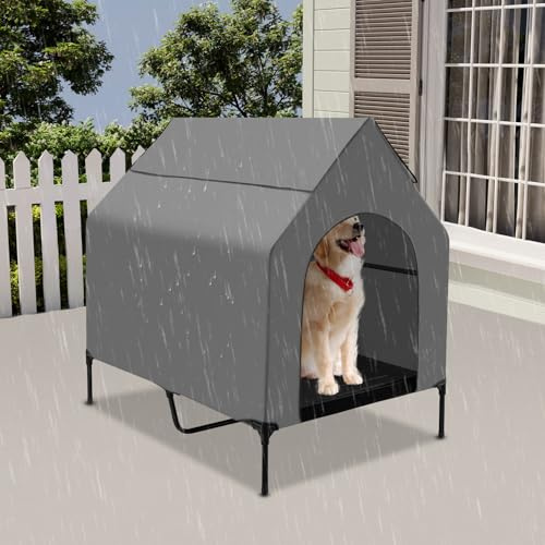 Cuccia per cani da esterno rialzata con tenda, grigio, 125 x 92 x 122 cm, resistente alle intemperie, rivestimento argentato, portata 20 – 30 kg, con copertura rimovibile