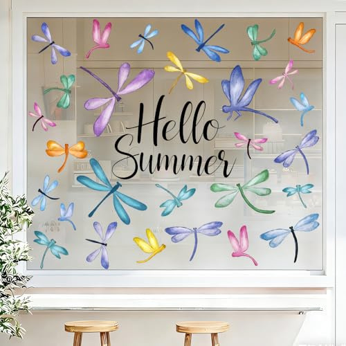 XIMISHOP 6 Sheets Summer Window Stickers, Reusable Colorful Spring Watercolor Dragonfly Window Decals Double-Sided PVC Summer Static Cling Stickers for Spring Summer Home Window Display Decoration