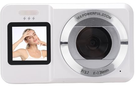 Jectse Fotocamera Digitale, Video 4K da 64 MP Doppio Schermo Zoom 18X Messa a Fuoco Automatica Stabilizzazione Elettronica, con Rilevamento del Sorriso e Filtri di Bellezza, per (White)