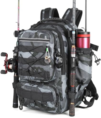 Eulihent Sac de Peche Grande Taille avec Porte Canne Sac a Dos Etanche Multi Poches Oxford pour Randonnee Chasse et Voyage (41 x 25 x 18 cm)