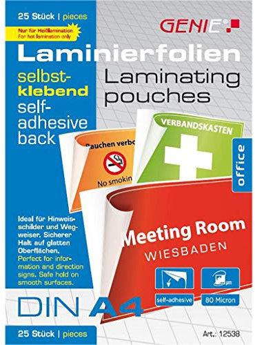 Genie 12538 DIN A4 Laminierfolien mit selbstklebender Rückseite glänzend, transparent, Folienstärke 80 mic, Geeignet für alle Heißlaminiergeräte, 25er Pack