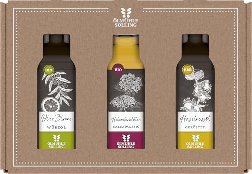 Ölmühle Solling Set Essig und Öl, bio, 3 x 100 ml Flaschen, Inhalt: Holunderblütenbalsamessig, Haselnussöl