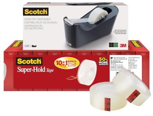 Scotch Tape Dispenser Value Pack Super-Hold Tape, Black Dispenser, 1 in Core, 12 Packs (700K10C18BLK)