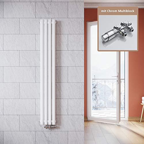 ELEGANT - Radiatore verticale di design, colore: bianco, 1600 x 236 mm, con termostato multiblocco, cromato, a doppio strato, collegamento centrale, scaldasalviette