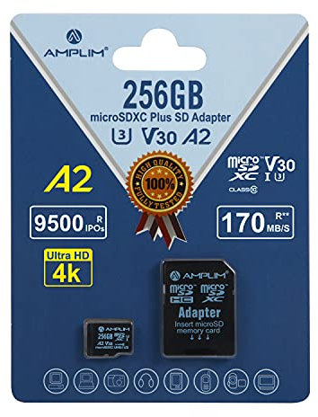 Amplim Micro SD Card 256GB | MicroSD Memory Plus Adapter | Extreme High Speed 170MB/S A2 MicroSDXC U3 Class 10 V30 UHS-I for Nintendo, Surface, Phone, Camera Cam, Tablet