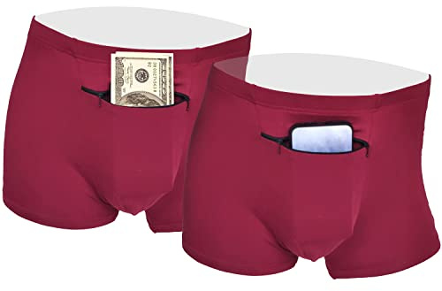 HideRacoon 2 Packungen Herren Boxershorts Geheime versteckte Tasche, Taschendiebstahlsichere Reise-Geheimtaschen-Unterwäsche, halten Sie Ihre Insulinpumpe, burgunderfarben, X-Large