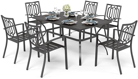 PHI VILLA Gartenmöbel Set Wetterfest Gartentisch mit Stühle 6er Set Terrassen Outdoor Bistro Garten Möbel Sets Metall Garten Sitzgruppe Stapelbare Stühle Gartentisch mit 4cm Schirmloch