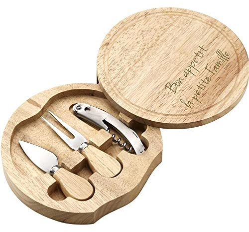 Coffret en bois avec set fromage et vin personnalisé gravé – Couverts à fromage et couteau sommelier – Gravure texte sur coffret rond en bois