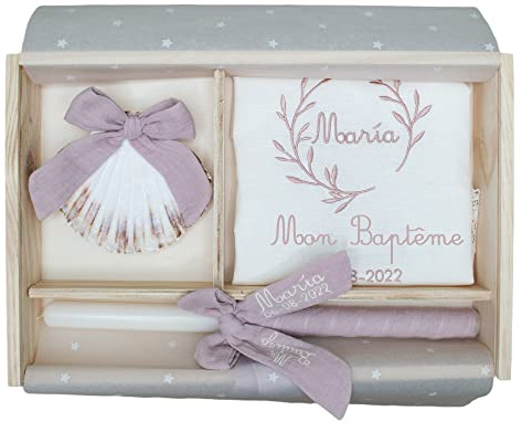 Kit de Luxe Personnalisé pour Baptême - Pack de Cierge décorée, Mouchoir et Coquillage Brodés - Coffret en bois avec le nom et la date du Baptême gravés - Modèle Bambule (Misty Rose)