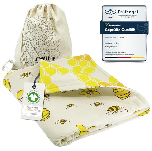 Windelbär Babydecke Bienen 100% Bio Baumwolle GOTS Zertifiziert 75x100 cm Kuschelig Warm Schadstofffrei